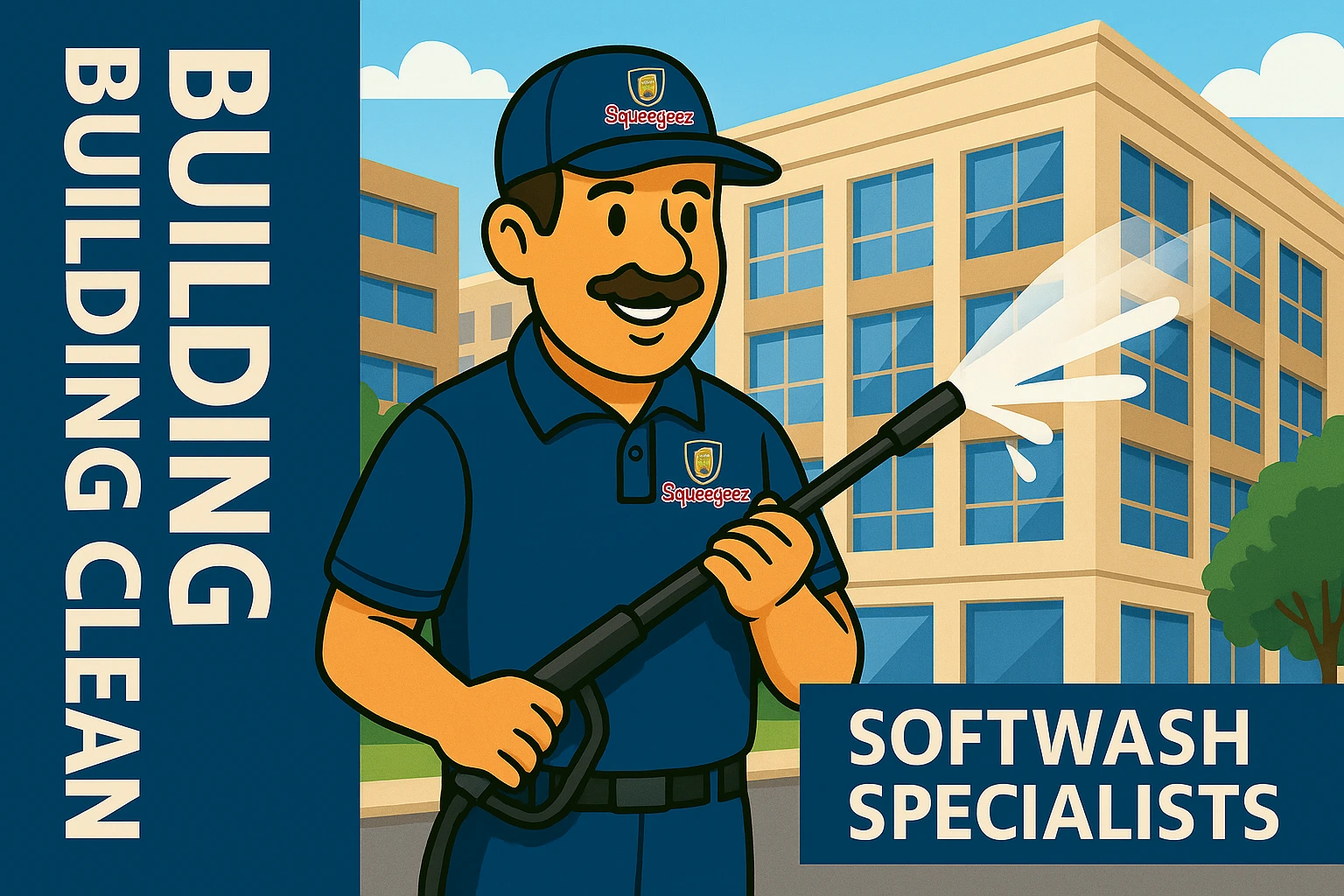 Tech performing softwash on building exterior