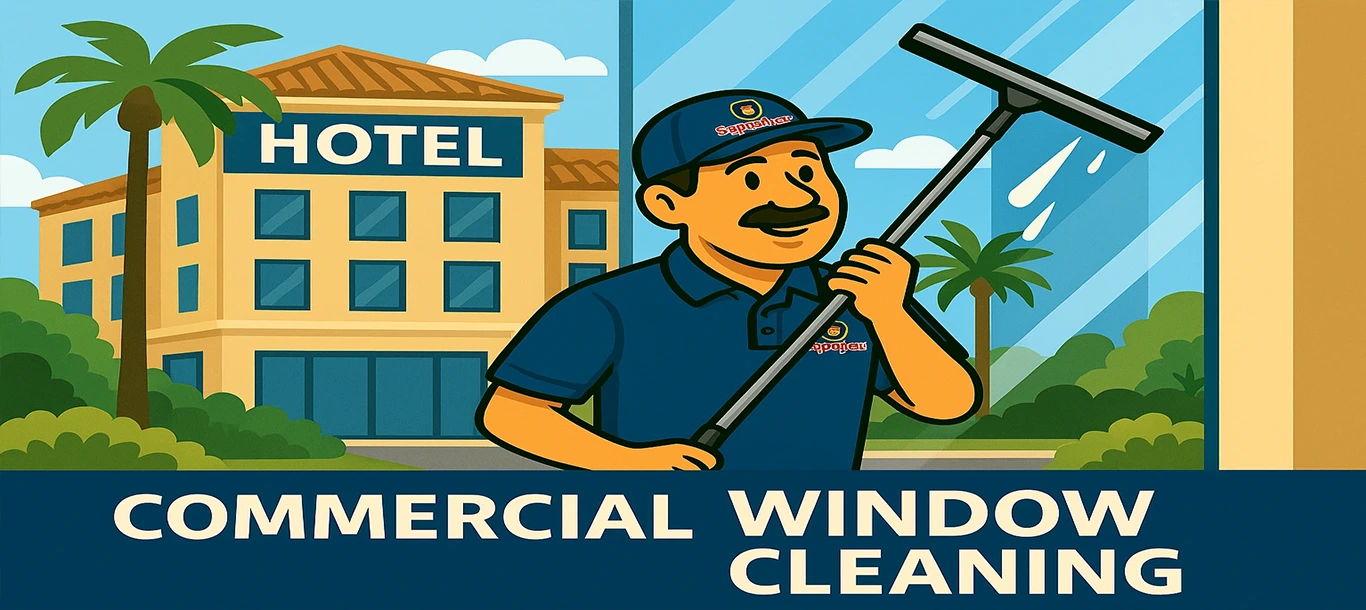 Professional technician cleaning hotel windows with water-fed pole
