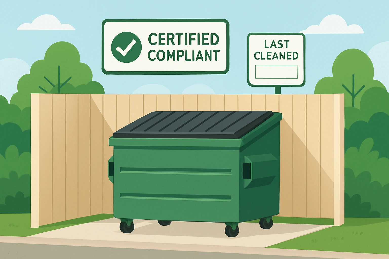 Last cleaned certification sign for dumpster area