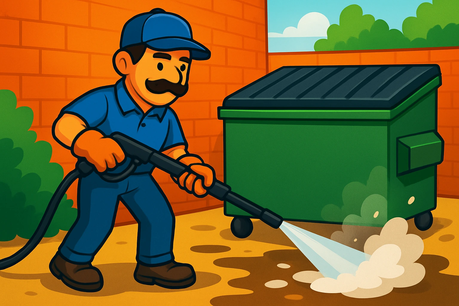 Technician hot water pressure washing dumpster pad