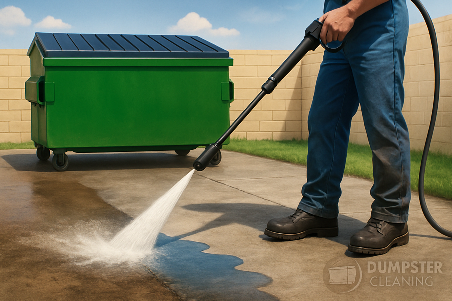 Hot water pressure washing dumpster pads