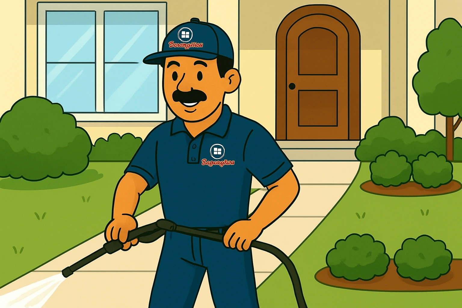 Technician cleaning sidewalk with surface cleaner