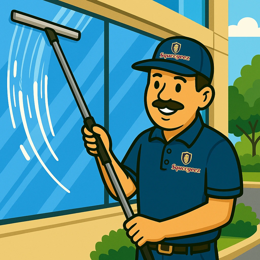Commercial technician using water-fed pole on storefront glass