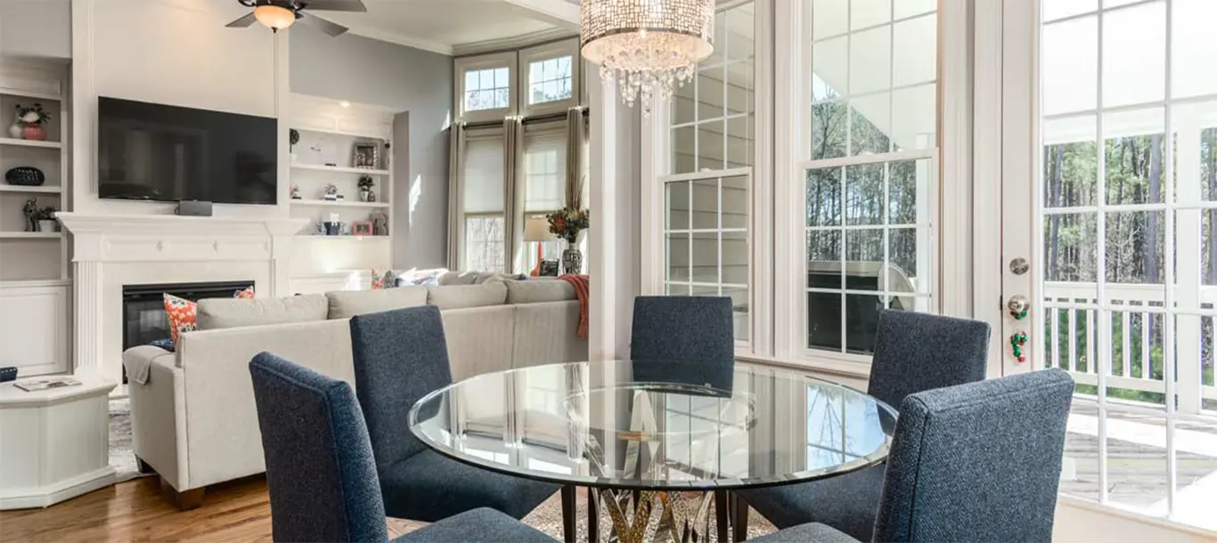 Breakfast nook with spotless French windows cleaned by Squeegeez